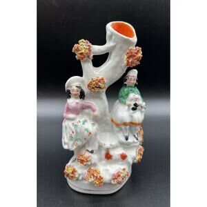 19th Century English Staffordshire Pottery Spill Vase 5.5” Girl Boy Dog & Lamb